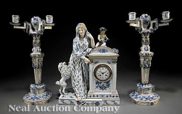 Appraisal: A Meissen Blue White and Gilt Porcelain Three Piece Clock