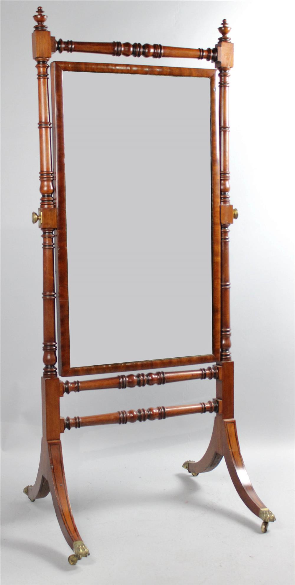 Appraisal: ENGLISH REGENCY TURNED AND INLAID MAHOGANY CHEVAL MIRROR having a