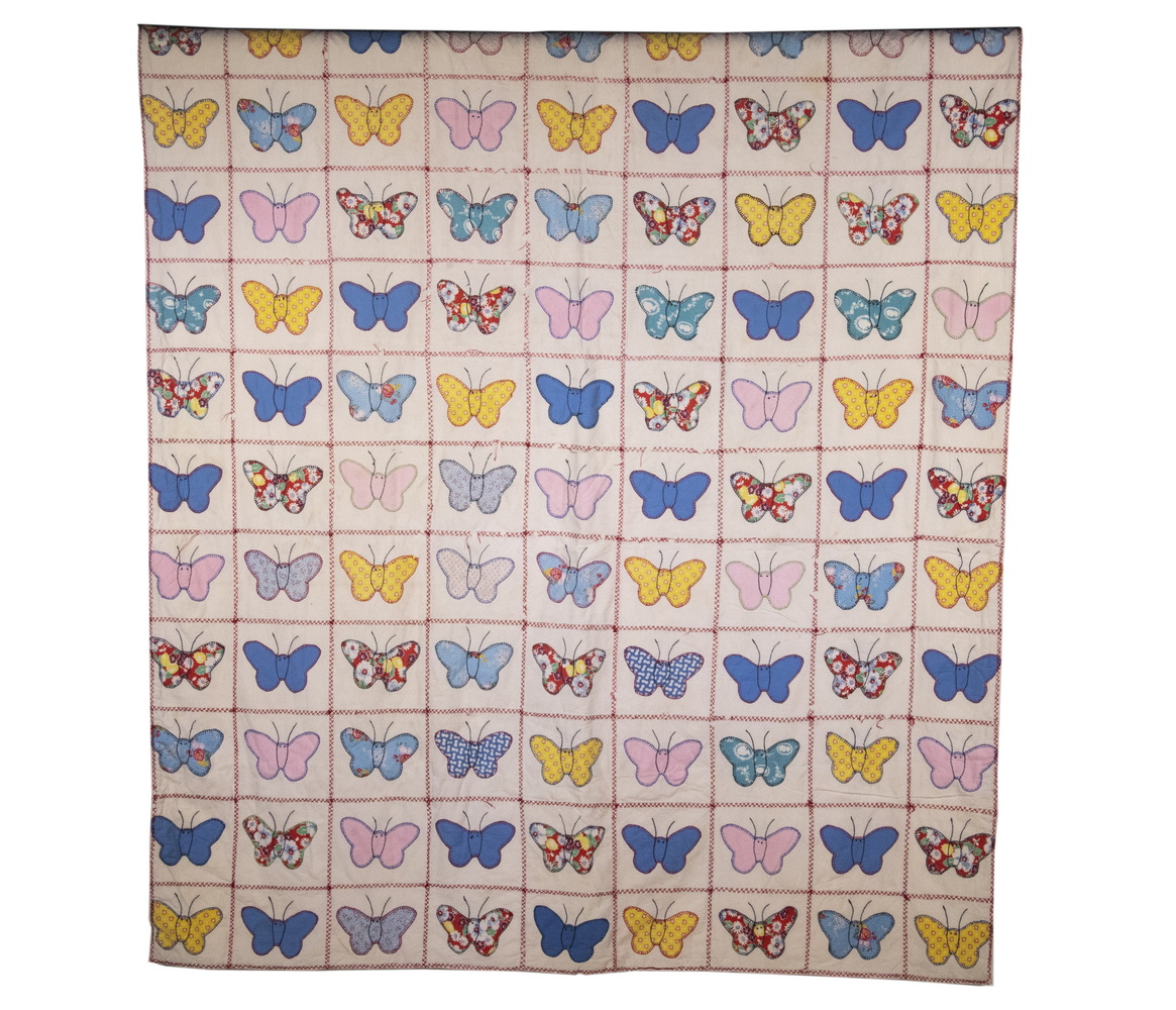 Appraisal: VINTAGE APPLIQUE QUILT Circa s Quilt with appliqued butterflies in