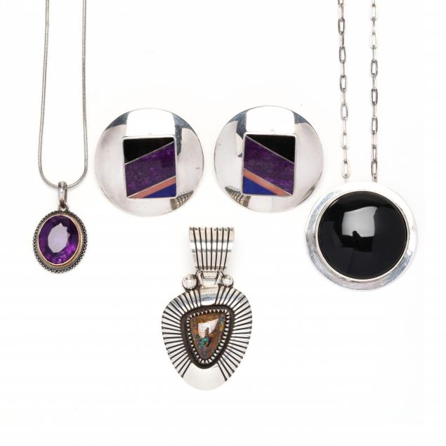 Appraisal: GROUP OF SILVER AND GEM-SET JEWELRY ITEMS To include a