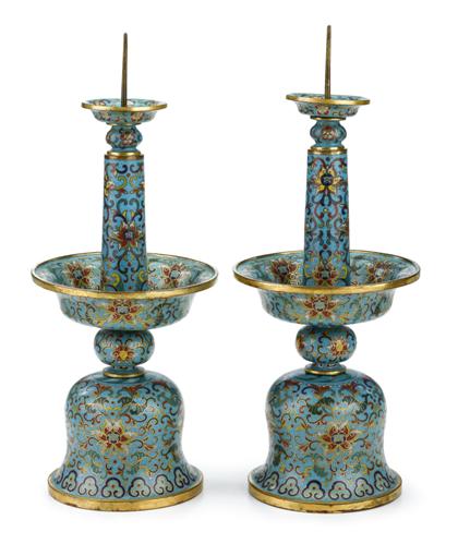 Appraisal: Rare and fine pair of Chinese gilt-metal and cloisonne pricketsearly