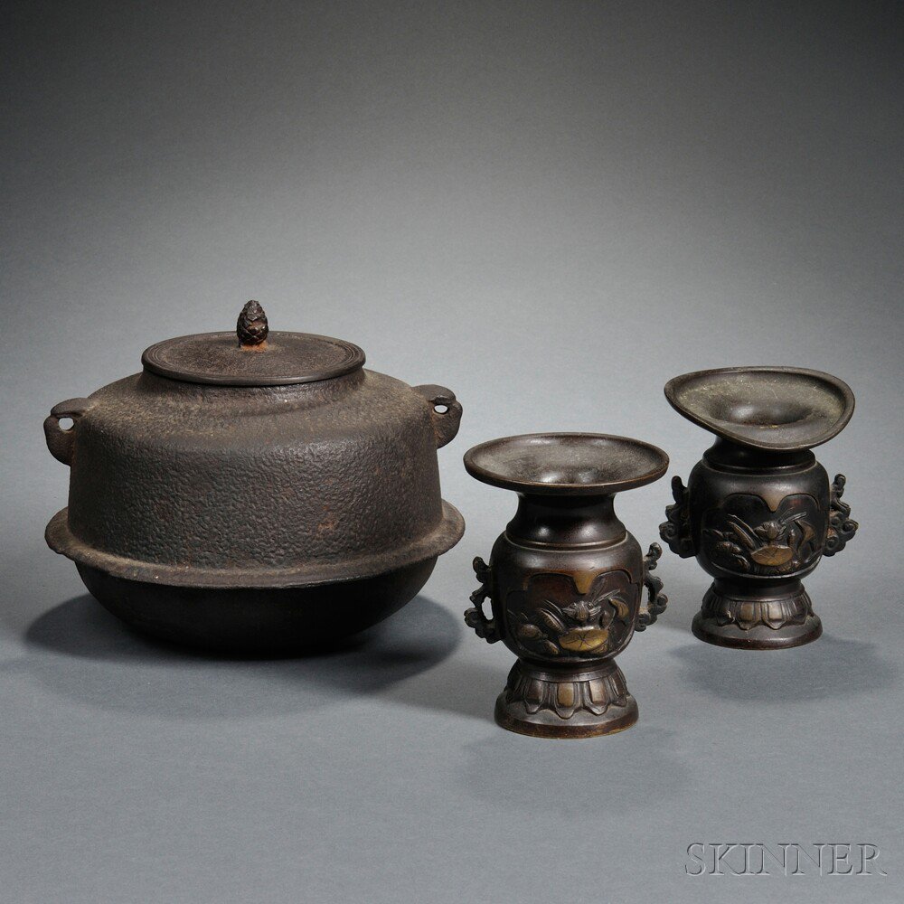 Appraisal: Three Metal Items Asia a pair of miniature bronze gu