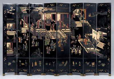 Appraisal: Chinese eight-panel coromandel screen scenes of lakeside pavilion courtyard figures