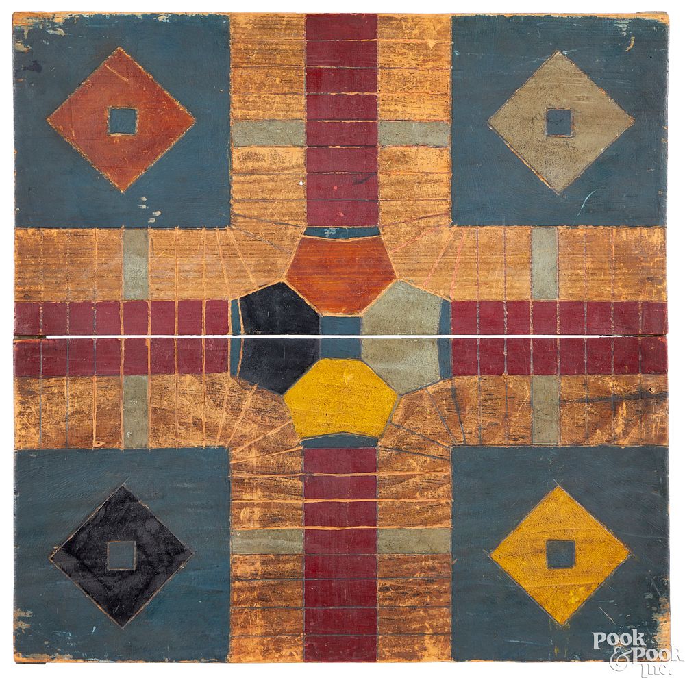 Appraisal: Painted pine parcheesi and checkers gameboard Painted pine Parcheesi and