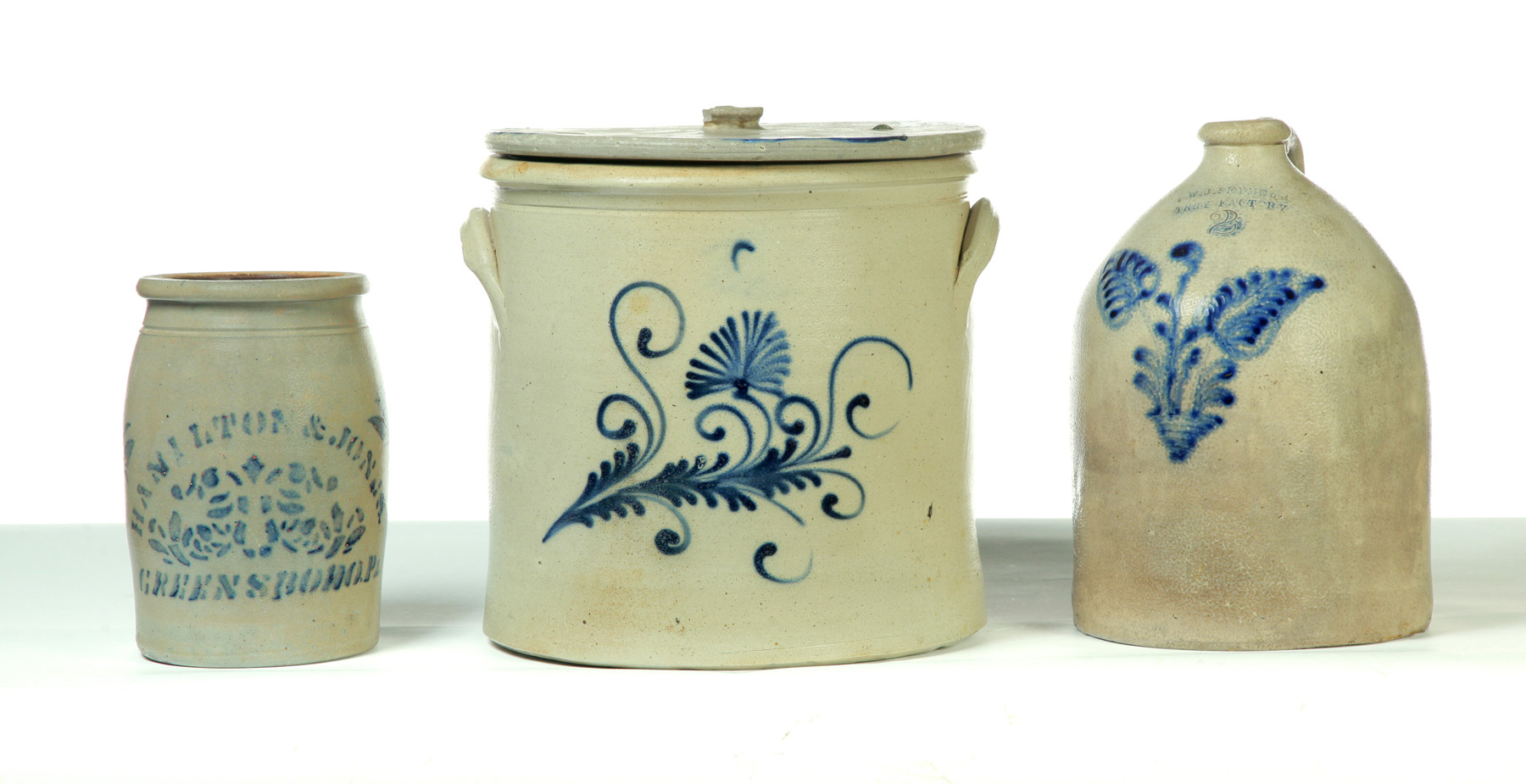 Appraisal: THREE STONEWARE PIECES WITH COBALT DECORATION American nd half- th