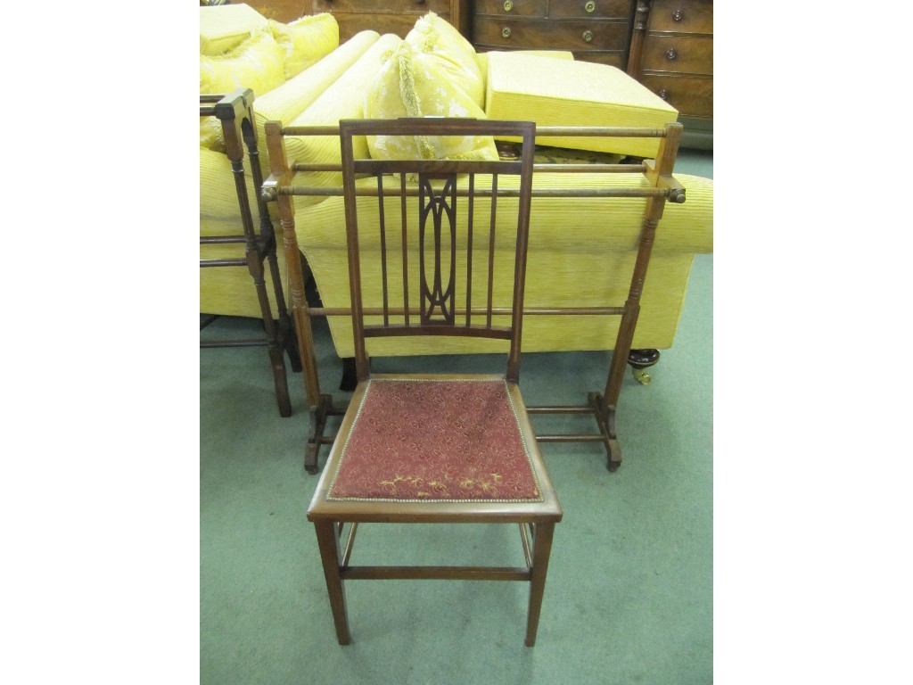 Appraisal: Edwardian mahogany inlaid bedroom chair and a towel rail