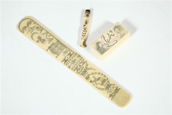 Appraisal: THREE PIECES OF SCRIMSHAW American th century Includes an ivory