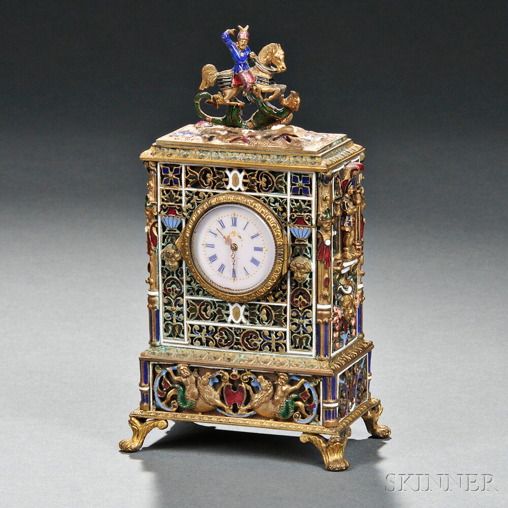 Appraisal: Continental Gilt-metal and Enamel Table Clock th th century the