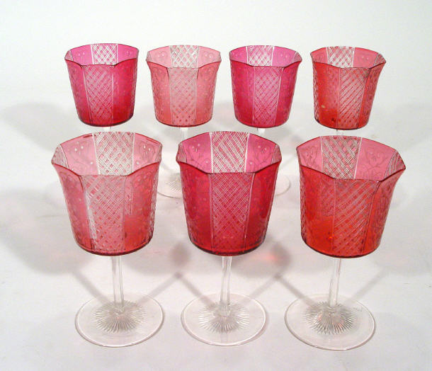 Appraisal: Set of seven th Century cranberry wine glasses with diamond