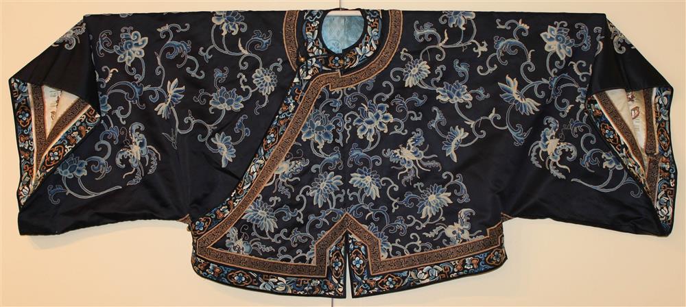 Appraisal: CHINESE SILK EMBROIDERED DARK BLUE SILK JACKET LATE QING DYNASTY