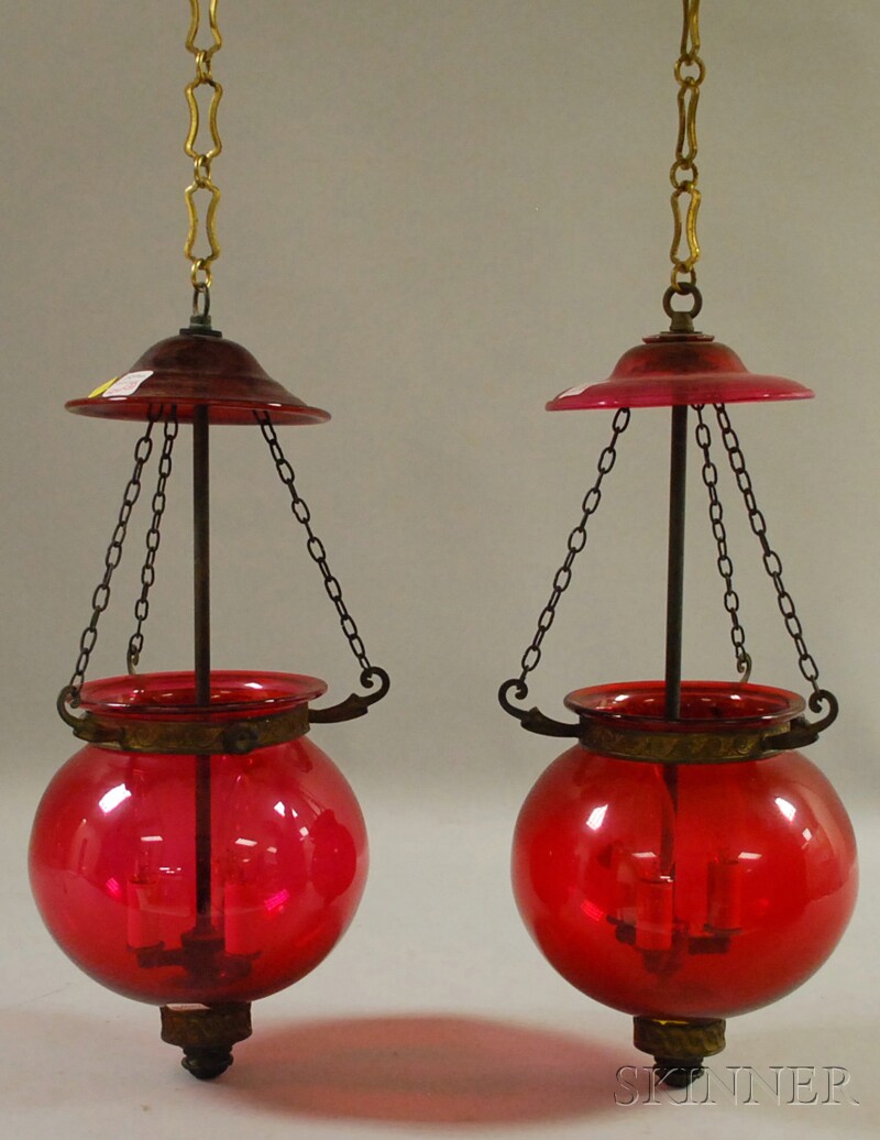 Appraisal: Two Neoclassical Ruby Blown Glass and Brass Hall Lanterns with