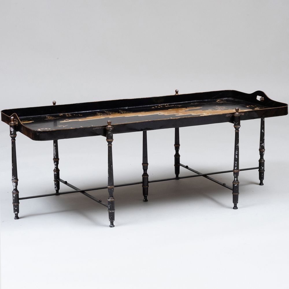 Appraisal: Unusual Chinese T le Peinte Tray on Metal Stand x