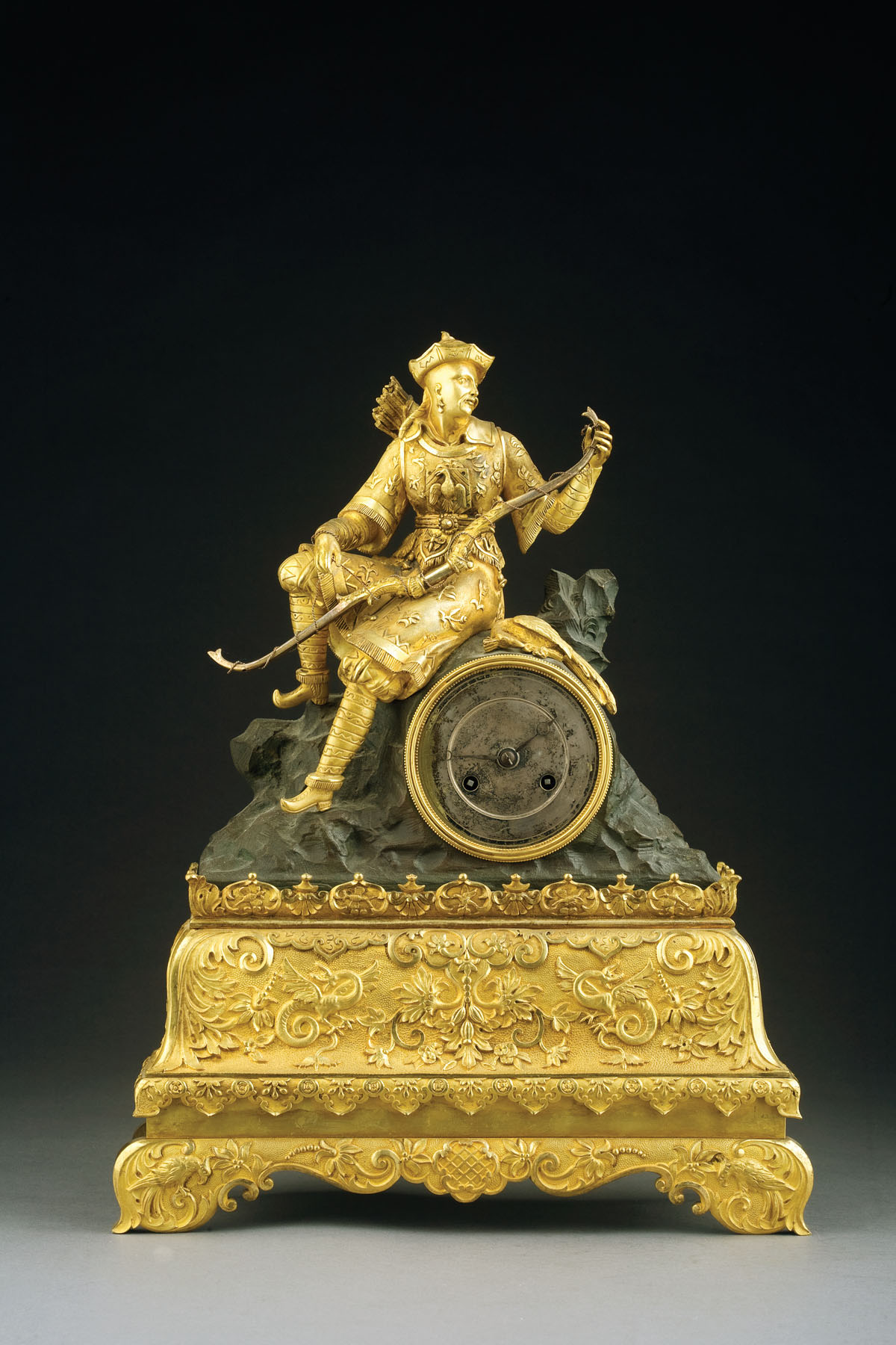 Appraisal: CHARLES X PATINATED AND GILT-METAL FIGURAL MANTLE CLOCK SECOND QUARTER