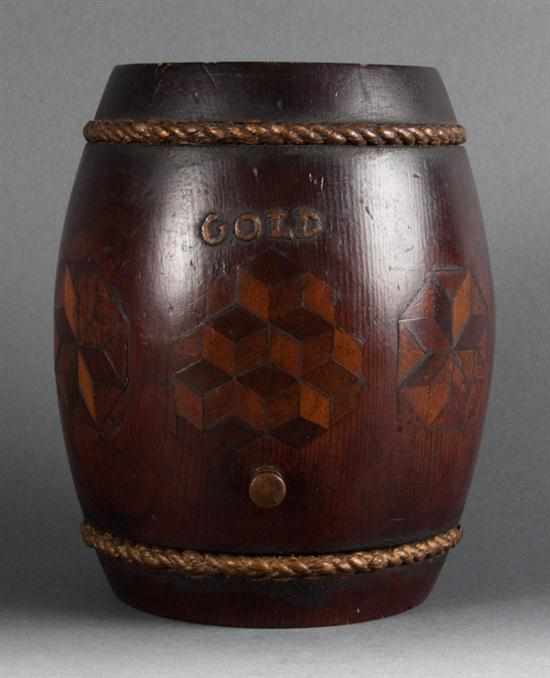 Appraisal: Victorian inlaid wood ''Pot of Gold'' late th century barrel-form