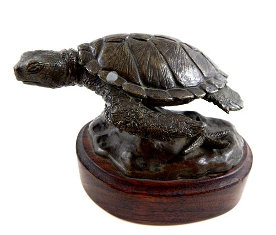 Appraisal: th C bronze sea turtle sculpture mounted on oval-shaped wooden