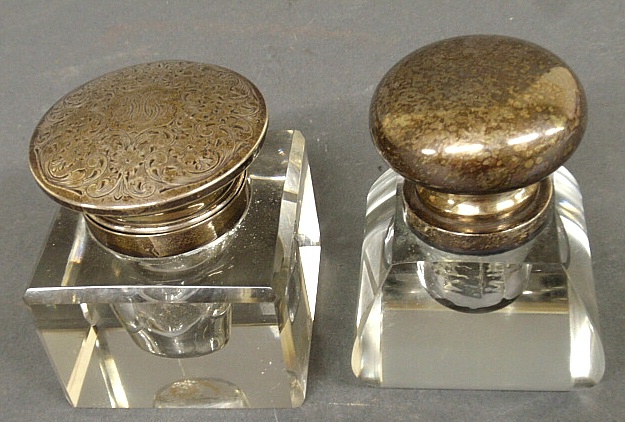 Appraisal: - Two crystal inkwells with sterling silver lids largest h