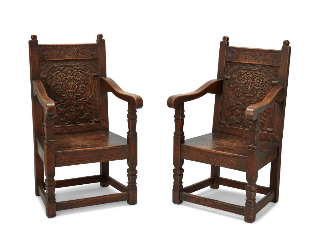 Appraisal: Two Marshall Laird Spanish Colonial Revival walnut armchairs Circa s