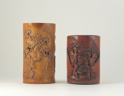 Appraisal: Two Chinese bamboo brushpots both carved with figures beneath pine