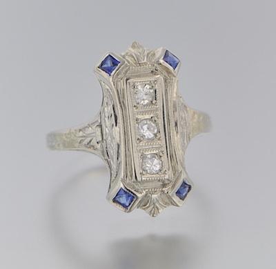 Appraisal: A Delicate Art Deco Diamond and Sapphire Ring k white