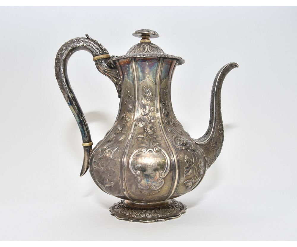 Appraisal: English Silver Repousse' Coffee Pot English silver repousse' coffee pot