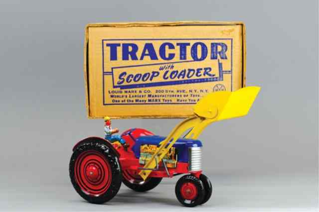 Appraisal: MARX BOXED TRACTOR WITH SCOOP Large scale toy lithographed tin