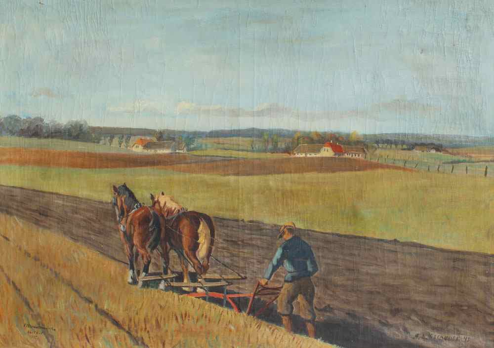 Appraisal: LARGE DANISH SCHOOL PLOUGHING SCENE PAINTING SIGNED H G RASMUSSEN