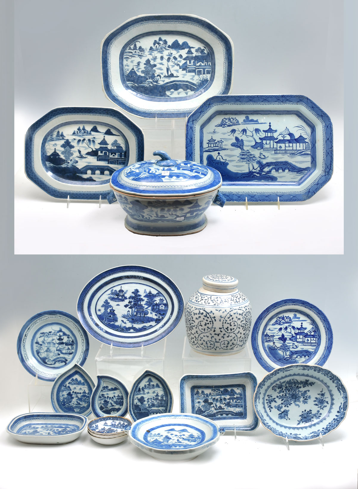 Appraisal: PC CHINESE BLUE WHITE PORCELAIN COLLECTION Comprised of platters Bowls