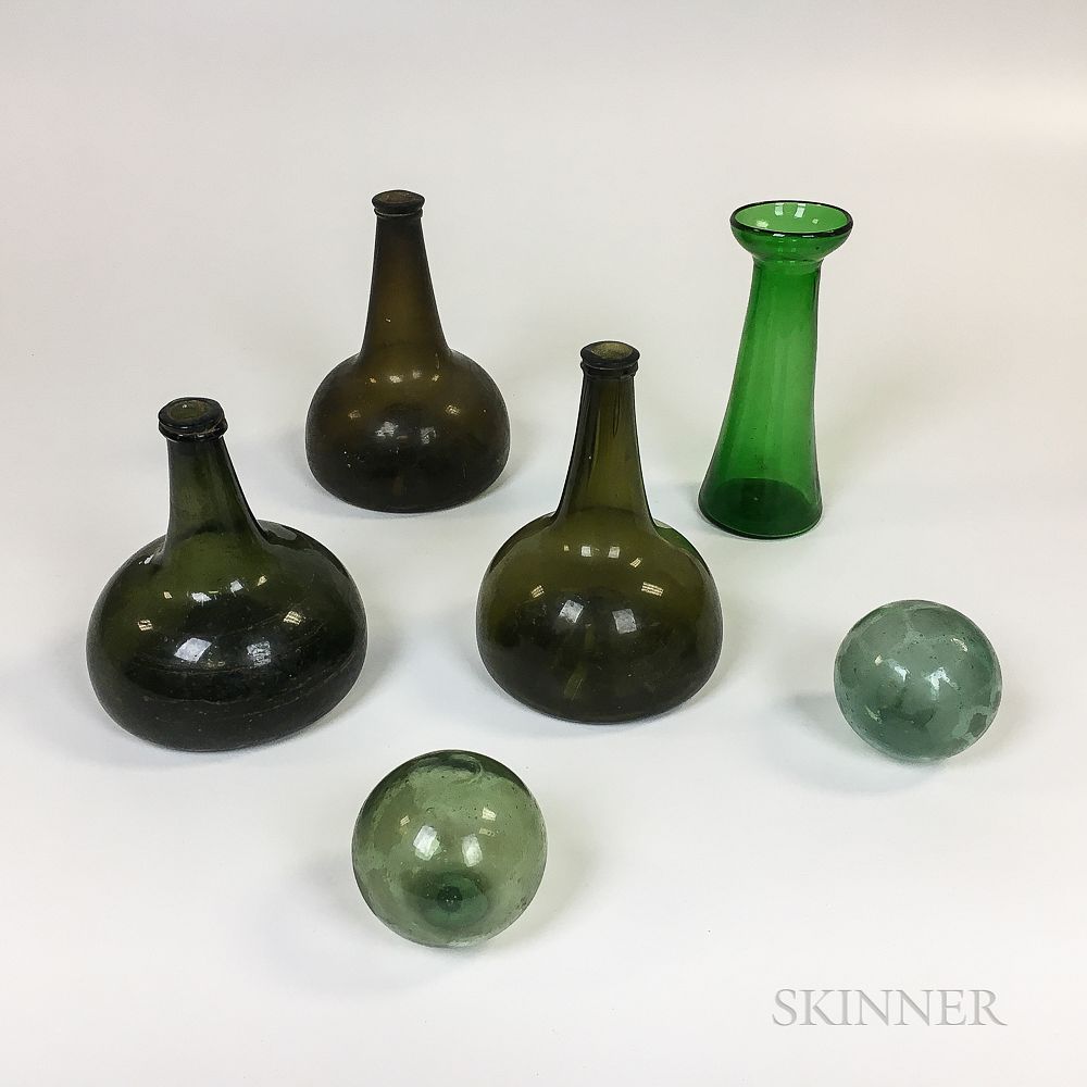 Appraisal: Three Blown Glass Onion Bottles and Three Green Glass Items