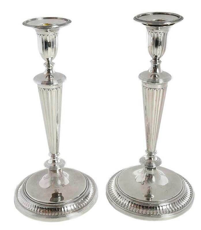 Appraisal: George III English Silver Candlesticks London reeded tapered columns bead