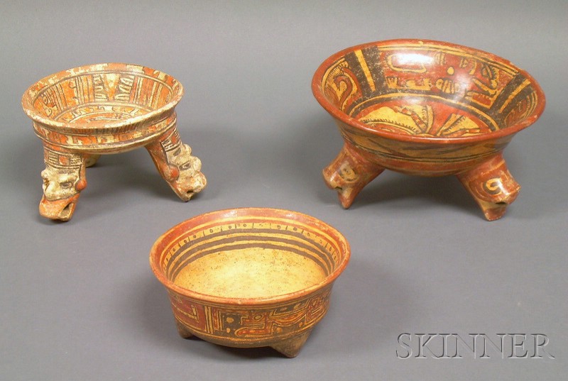 Appraisal: Three Pre-Columbian Polychrome Tripod Bowls Costa Rica two with stylized