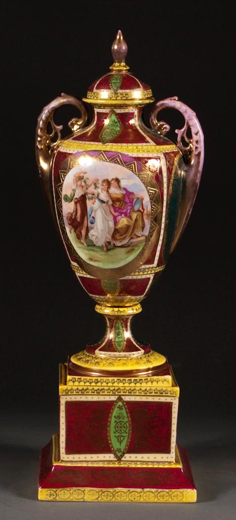 Appraisal: Austrian transfer decorated porcelain urn and pedestal fourth quarter- th