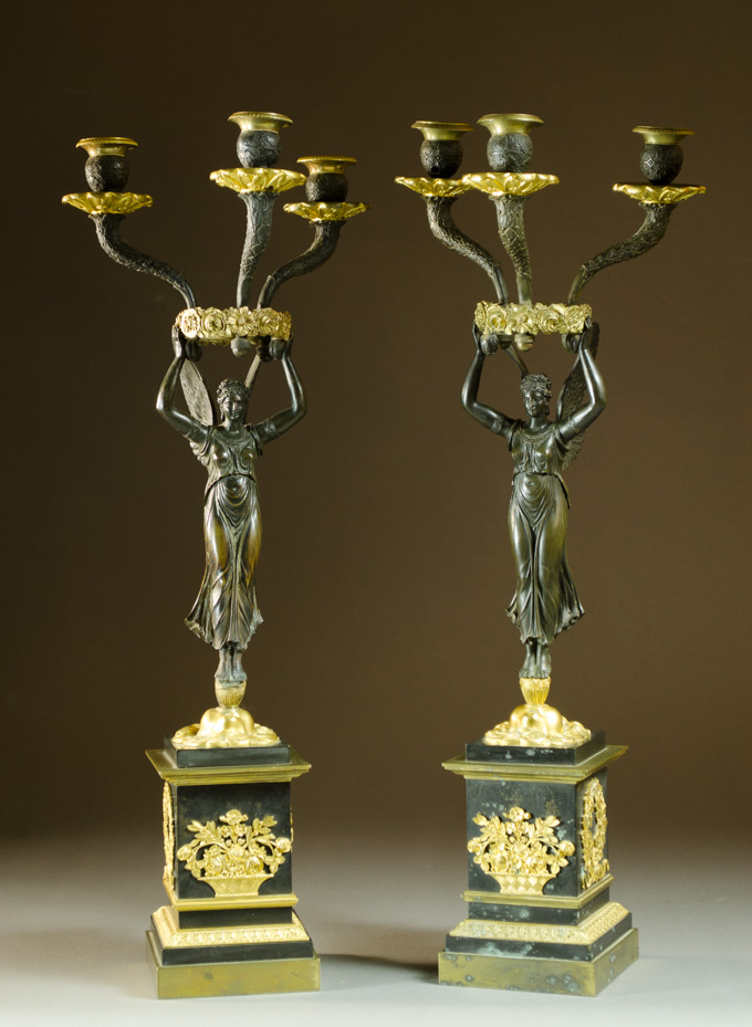 Appraisal: PAIR PARCEL GILT BRONZE WINGED VICTORY CANDELABRA after Pierre Philippe