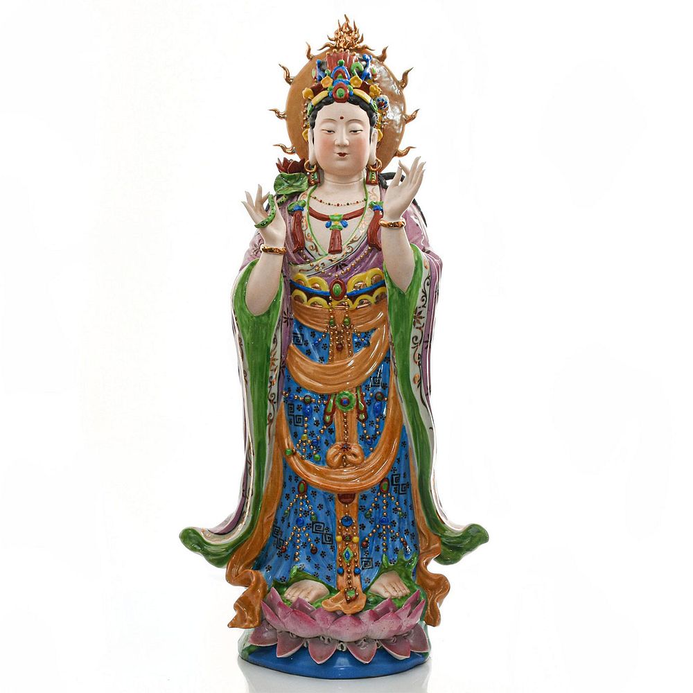 Appraisal: MONUMENTAL ASIAN PORCELAIN BODHISATTVA FIGURE GUAN YIN Lotus bloom base