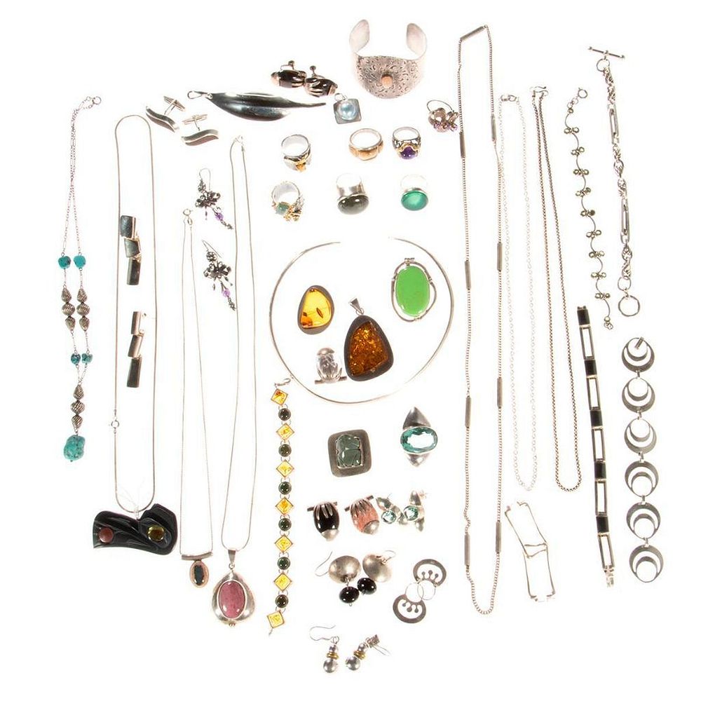 Appraisal: Collection of stone-set and silver jewelry including amber opal turquoise