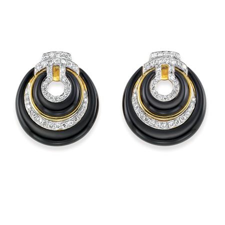 Appraisal: Pair of Gold Black Onyx and Diamond Earrings Estimate -