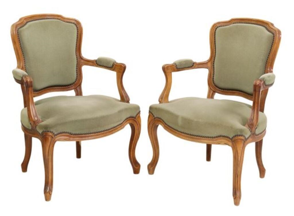 Appraisal: pair Louis XV style walnut armchairs th c in velvet