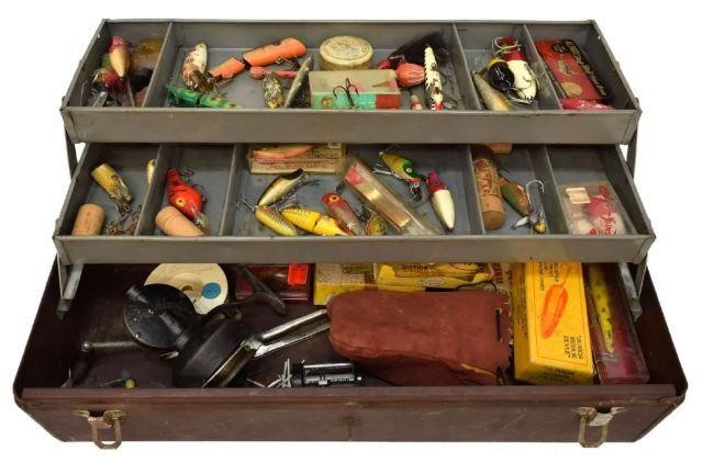 Appraisal: Vintage metal fishing tackle box a large quantity of tackle