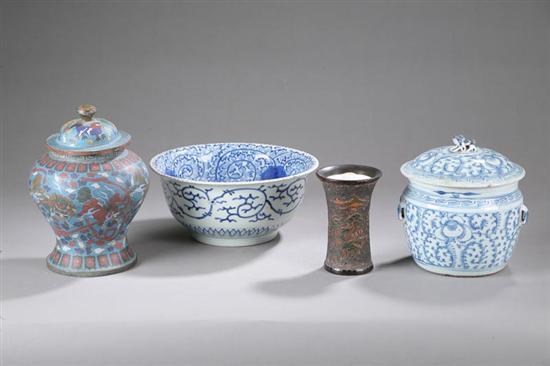 Appraisal: FOUR ORIENTAL PIECES Footed bowl with hand decorated designs in