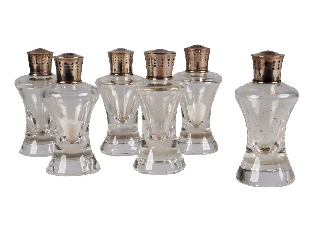 Appraisal: THREE PAIRS OF STEUBEN GLASS SHAKERSeach with sterling lid stamped