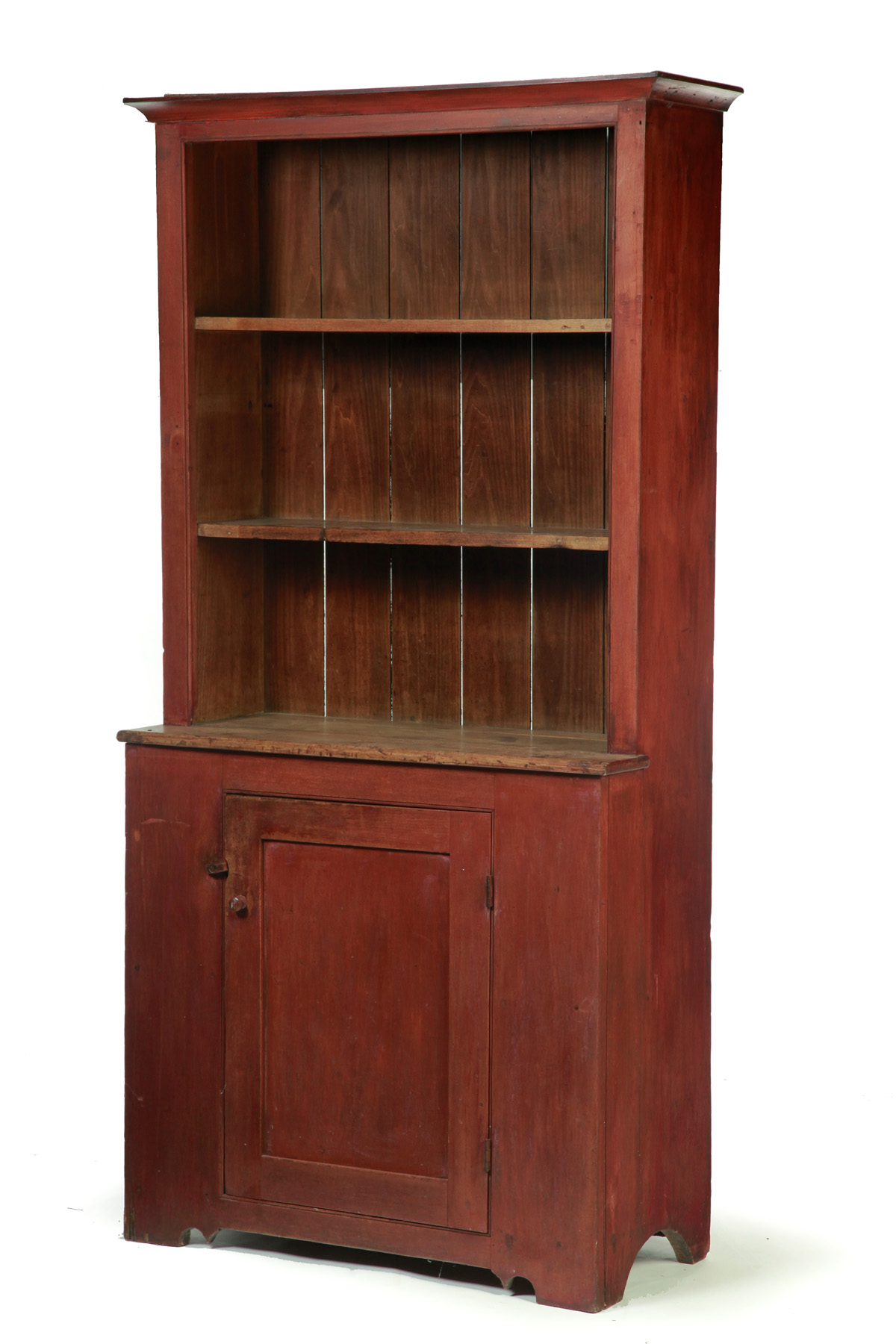 Appraisal: AMERICAN STEPBACK CUPBOARD Mid th century pine One-piece cupboard with