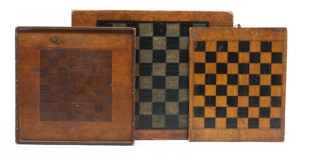 Appraisal: THREE AMERICAN DECORATED GAMEBOARDS Ca Single side boards Checkers in