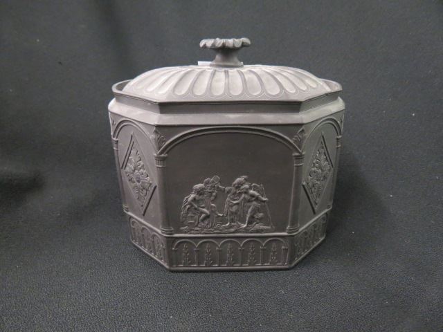 Appraisal: Wedgwood Basalt Tea Caddy Box festive scenes panelled oval early