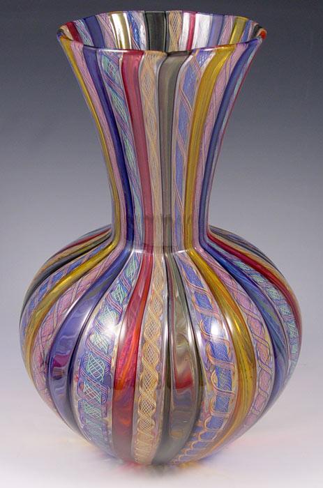 Appraisal: LARGE LATTICINO ART GLASS VASE BY LUCY BERGAMINI Multi colored