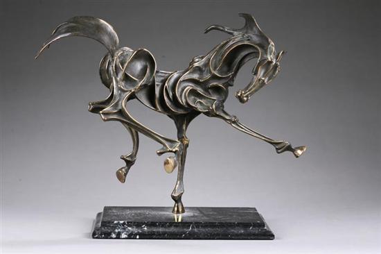 Appraisal: BRONZE HORSE STATUE Bucking horse with grooved and polished decoration