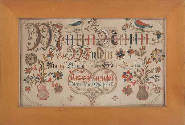 Appraisal: Southeastern Pennsylvania ink and watercolor fraktur dated for Maria Reinnwald