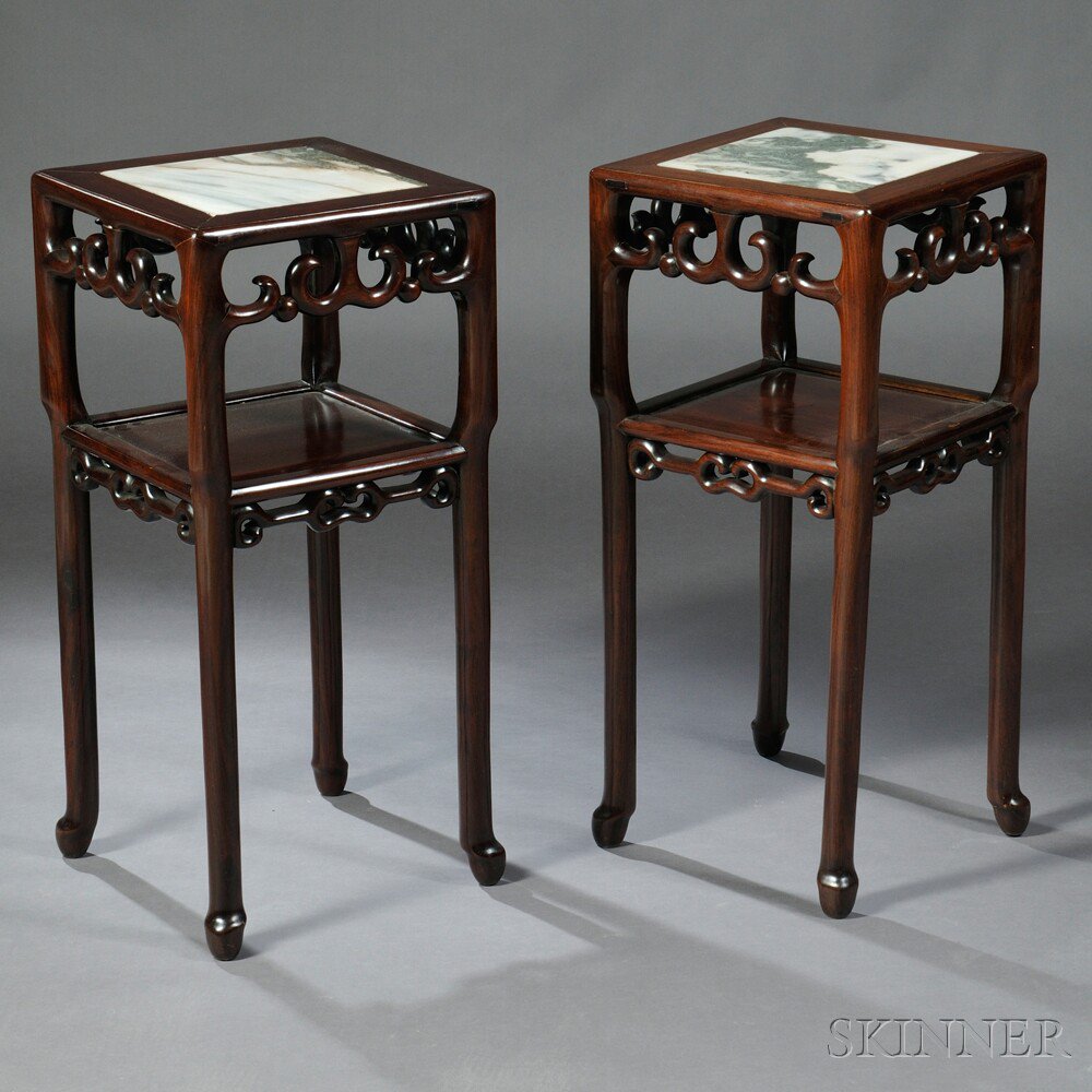 Appraisal: Pair of Marble-top Stands China hardwood top with Dali shi