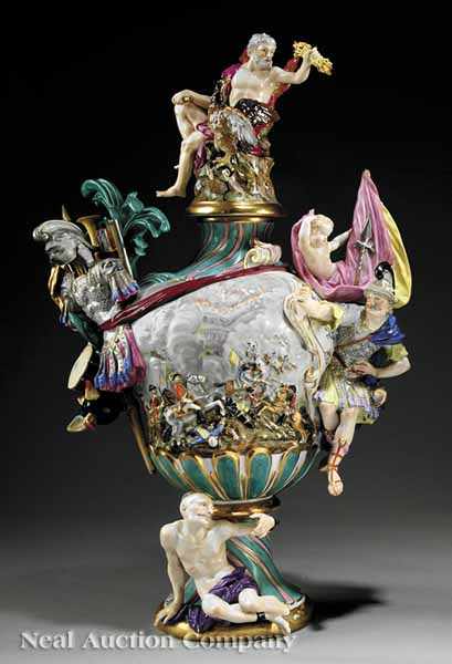 Appraisal: A Large Meissen Polychrome and Gilt-Decorated Porcelain Figural Covered Urn