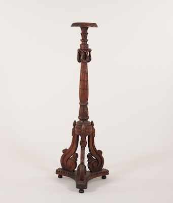 Appraisal: An Ornately Carved Wood Pedestal Apprx H with scrolled tripod