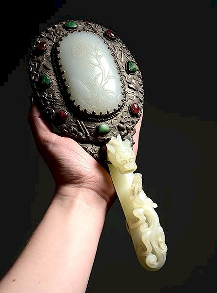 Appraisal: Fine Chinese silver and jade hand mirror Fine Chinese silver