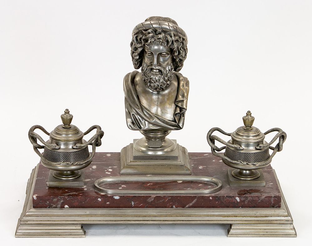 Appraisal: A FRENCH GRANITE AND SILVER-PATINATED DESK SET LATE TH CENTURY